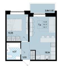 ЖК «Северный Меридиан» (Бугры), планировка 1-комнатной квартиры, 38.11 м²