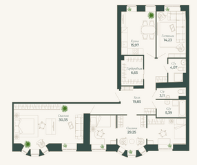 МФК «Мадонна Бенуа», планировка 3-комнатной квартиры, 129.30 м²