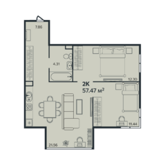 ЖК «Эдельвейс» (Выборг), планировка 2-комнатной квартиры, 57.47 м²