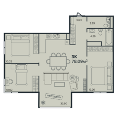 ЖК «Эдельвейс» (Выборг), планировка 3-комнатной квартиры, 78.09 м²
