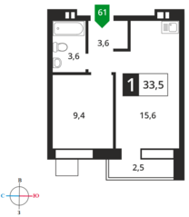 ЖК «Лесная Отрада», планировка 1-комнатной квартиры, 33.50 м²
