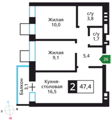 ЖК «Лесная Отрада», планировка 2-комнатной квартиры, 47.40 м²
