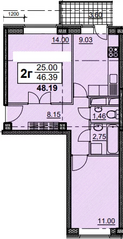 ЖК «Радужный» (Кашира), планировка 2-комнатной квартиры, 48.19 м²