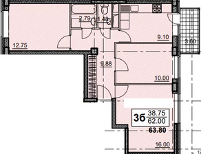 ЖК «Радужный» (Кашира), планировка 3-комнатной квартиры, 63.80 м²