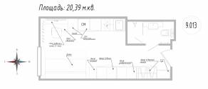 Апарт-комплекс «Well», планировка студии, 20.40 м²