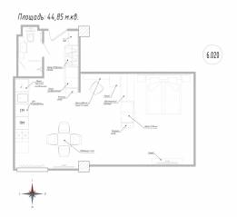 Апарт-комплекс «Well», планировка студии, 44.90 м²